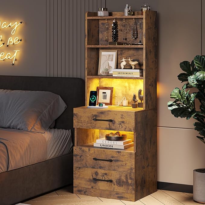 VIAGDO Tall Nightstand Set of 2 with Charging Station and LED Lights, Rustic Brown Night Stand Set 2 with Bookshelf, Modern LED Bedside Tables with 3 Drawers and Storage Shelves, Side Tables Bedroom