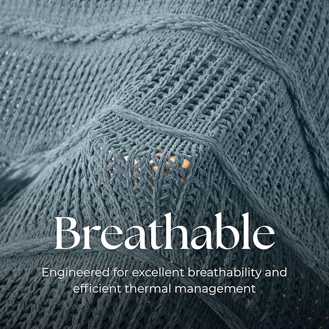 Boho Knitted Chenille Blanket with Tassels - Lightweight & Soft All-Season Throw - 3D Classic Pattern for Living Room Bedroom Couch, Celestial Blue, Queen 90"x90"