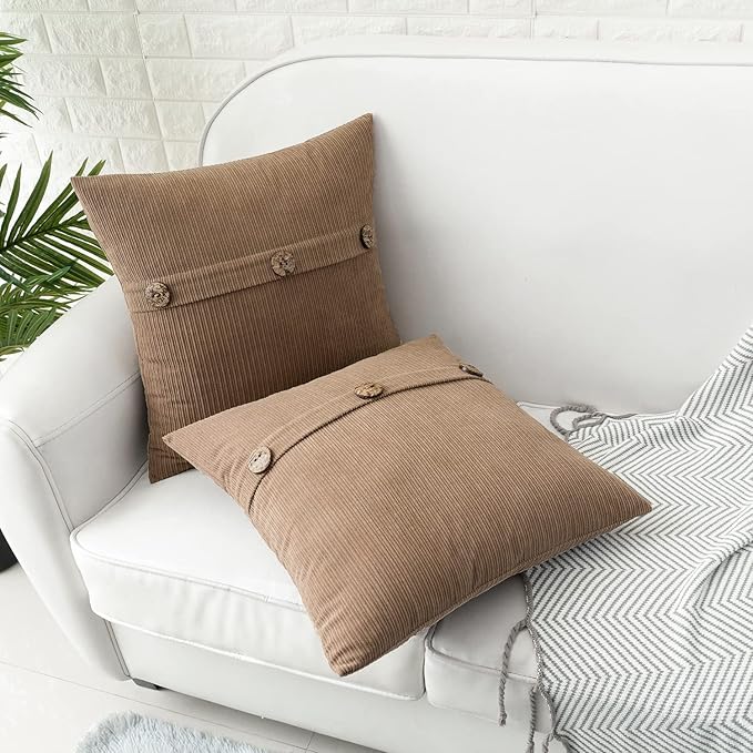 HWY 50 Taupe Chenille Throw Pillow Covers 16x16 Inch with Triple Buttons, Soft Farmhouse Accent Decorative Cushion Cases for Couch Sofa Bed Living Room Pack of 2