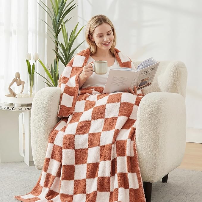 WRENSONGE Checkered Throw Blanket, Autumn Leaf Orange Soft Cozy Fluffy Warm Hand Made Throw Blankets for Couch, Sofa, Chair, Bed, Camping, Picnic, Travel Lightweight Bed Blanket - 50"*60"