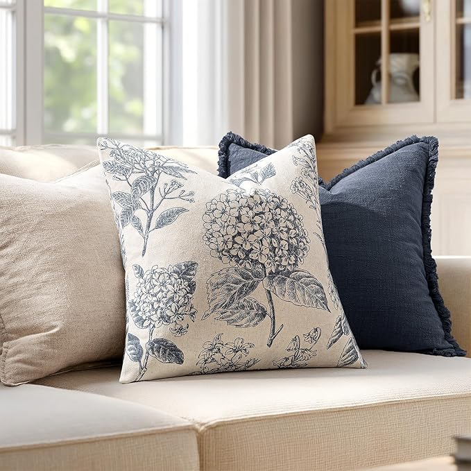 Set of 2 Decorative Floral Neutral Pillow Covers 22x22 Inch Light Blue Hydrangea Print Spring Boho Vintage Throw Cushion Covers for Sofa Couch Porch Bedroom Living Room Summer Home Decor