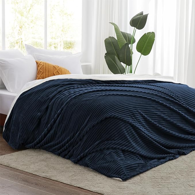 Navy Blue Throw Blanket - Soft Cozy Sherpa, Warm for Winter, Reversible for Sofa, 50 x 60 Inches
