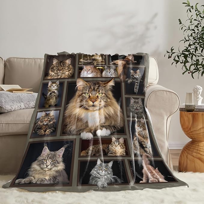 Cat Blanket for Girls Women Boys Men Adults Kids Soft Cozy Fleece Maine Coon Throw Blankets Gifts for Cat Lovers Warm Flannel Plush Stuff Lightweight Decorative for Couch Bed Sofa 60"X50"