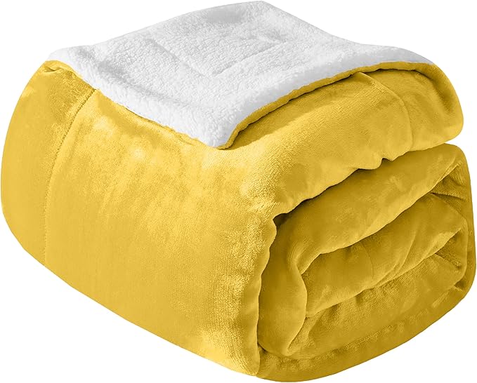 Mocassi Premium Ultra-Soft Velvet Touch Flannel Fleece Sherpa Throw - Warm Cozy Reversible Plush Micromink Throw Blanket for Couch, Bed and Sofa - Fluffy, Christmas Winter Bedding Gift, Yellow