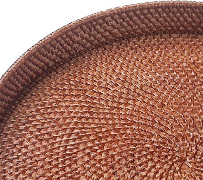 13.8 inch Round Rattan Tray, Decorative Coffee Table Tray, Ottoman Trays, Woven Serving Trays with Handles Wicker Serving Basket, Reddish-Brown