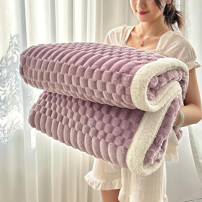 UKELER Sherpa Throw Blankets 60 × 80 inch, 470 GSM Striped Sherpa Fleece Blanket for All Season, Warm and Cozy Blanket for Couch Sofa Bed Office Camping, Purple