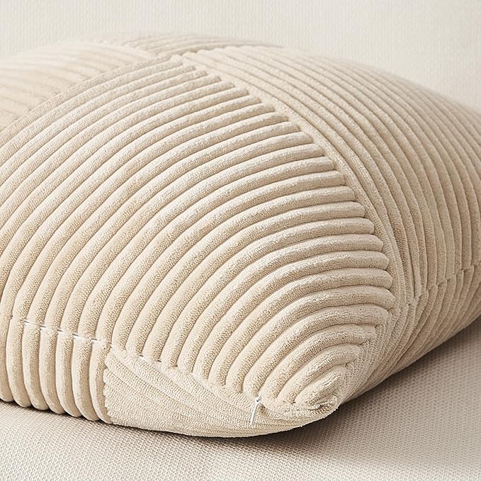 Topfinel 22x22 Pillow Covers Set of 2,Windmill Textured Striped Patchwork Tan Decorative Throw Pillow Covers Soft Corduroy Square Beige Cushion Cases for Couch Sofa Bed Farmhouse Boho Home Decor