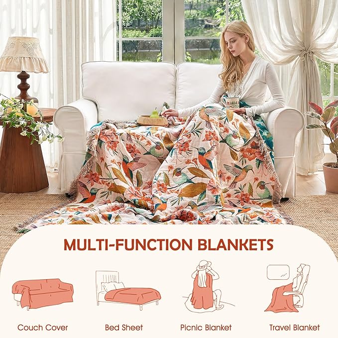 Boho Throw Blanket - 60"x80" 100% Cotton Ultra Soft Lightweight Spring Blanket, 4-Layer Breathable Muslin Blankets for Bed Couch, Reversible Blue Floral Bird Printed Bohemian Cotton Quilt