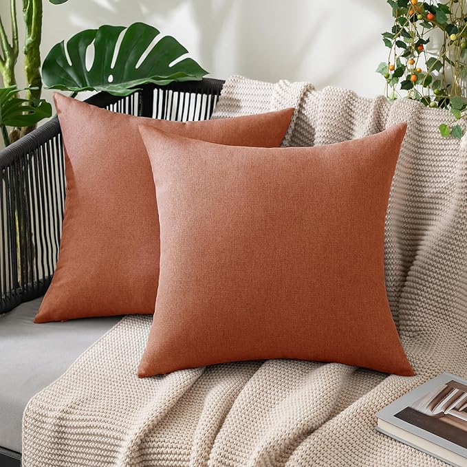 MIULEE Pack of 2 Decorative Outdoor Solid Waterproof Throw Pillow Covers Euro Sham Faux Linen Garden Farmhouse Cushion Cases for Summer Patio Tent Balcony Couch Sofa 26x26 Inch Rust