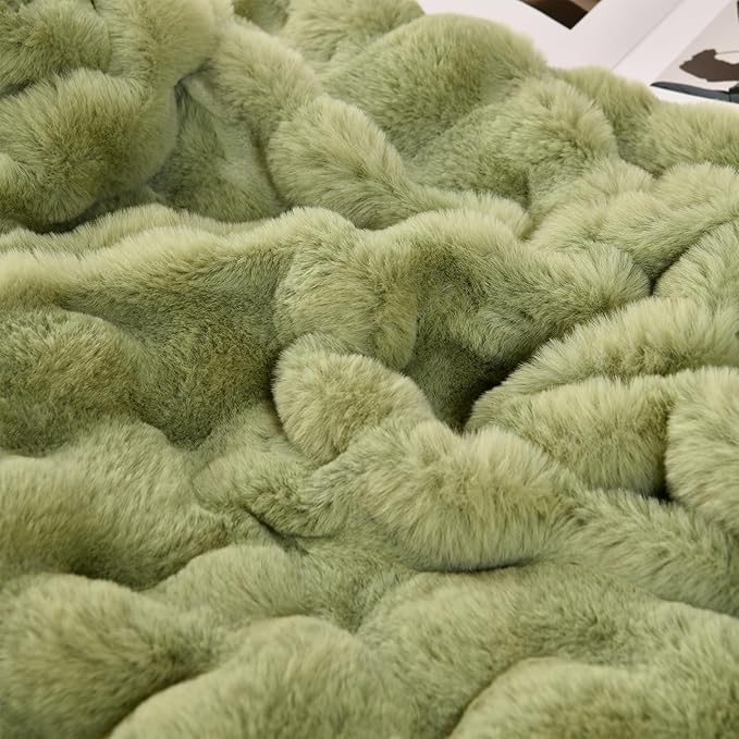 H&D Faux Fur Throw Blanket for Couch,Fluffy Cozy Soft Plush Luxury Thick Fuzzy Fleece Blanket for Couch Bed Sofa Bedroom Living Room,Comfy Bubble Blanket(Sage Green, Throw (50" x 60"))