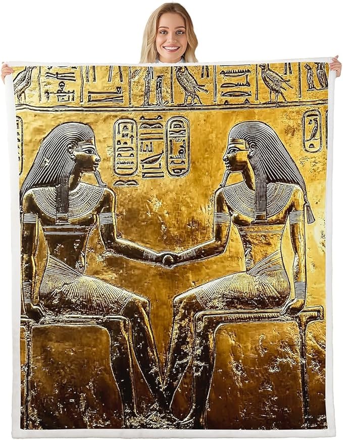 Gold Egyptian Print Blanket Throw Ancient Egypt Style Sherpa Blanket Old Egypt Hieroglyphics Pattern Fleece Blanket for Kids Adults Man Egyptian Civilization Fuzzy Blanket Sofa Decor Throw 50"x60"