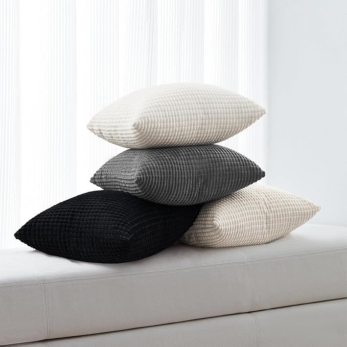 Topfinel 4 Packs Black and White Decorative Throw Pillow Covers 24x24 Inch for Living Room Couch Bed Sofa, Boho Western Farmhouse Home Decor, Square Soft Moss Corduroy Fall Cushion Case 60x60 cm