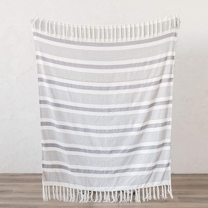 Decorative Grey Ivory Striped Throw with Fringe, Soft Chenille Knitted Farmhouse Lightweight Blanket with Tassels for Couch Sofa Chair Bed Office Home Décor, Gray and Off White,50" x 60"