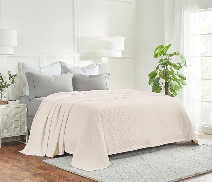 Superior JENA Cotton Blanket, for Picnic, Beach, Traveling or Camping, Bedroom Decor, Essentials, Cover for Bed, Couch, Lounging, Textured Jacquard, Modern Chevron Woven Blanket, Full/Queen, Ivory