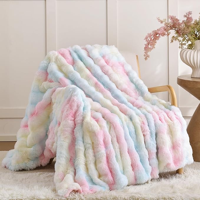 Smoofy Faux Fur Throw Blanket for Couch – Rainbow Fluffy Cozy Rabbit Fleece, Plush Soft Bubble Blanket for Sofa & Bed, for Mom, Warm Fuzzy Home Room Decor Throw 60" x 80"