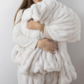 WDCOZY Ruched Faux Fur Throw Blanket Soft Cozy Fluffy Luxurious Blankets Couch Bed Sofa Chair Home Decor Warm Furry Fall Winter Plush Rabbit Fur Bubble Blanket 60" x 80", Ivory Cream White