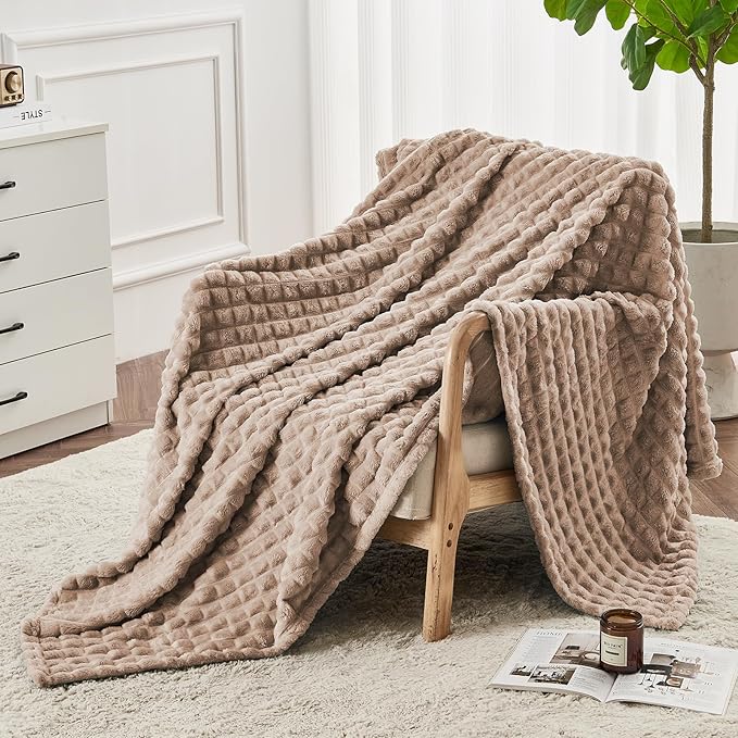 FY FIBER HOUSE Bed Blanket for Couch Soft Warm Fuzzy King Size Blankets for Sofa All Season Use, 108x90 Inches, Camel