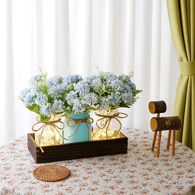 LUEUR Mason Jar Lights Centerpiece with Farmhouse Wood Tray – 3 Jars with Blue Hydrangea Spring Flowers, Rustic Spring & Wedding Decoration for Dining Table, Coffee Table, Kitchen & Living Room