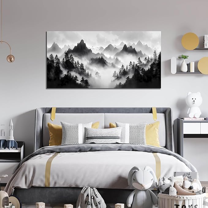 Forest Canvas Wall Art for Office - Black and White Landscape Pictures for Living Room - Mountain Wall Decor for Bedroom Men Size 24" x 48"