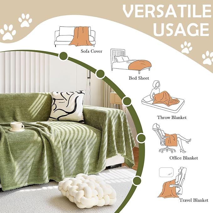 HANDONTIME Dark Green Couch Cover Jacquard Corduroy Couch Cover for Sofa Green Cute Sofa Covers Washable Morden Sofa Covers for 3 Cushion Soft Chenille Sectional Blanket Cover Sofa Decor, 71" X118"
