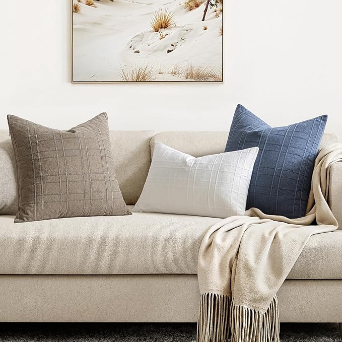 MIULEE Decorative Linen Check Throw Pillow Covers Neutral Farmhouse Vintage Pillow Covers 20x20 Set of 2 Boho Modern Home Decor for Sofa Couch Bedroom Cushion Blue