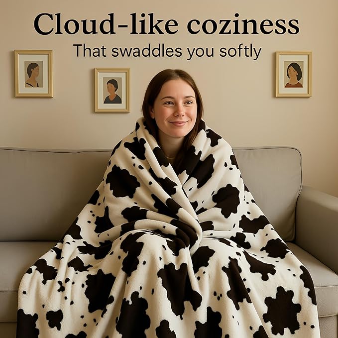 Fleece Blanket Full/Queen - 80x90 Inch Lightweight & Buttery-Soft Throw for Bed, Sofa, Camping | 300GSM Cloud-Touch Microfiber | Cozy Essentials for Travel & Movie Nights, (Cow)
