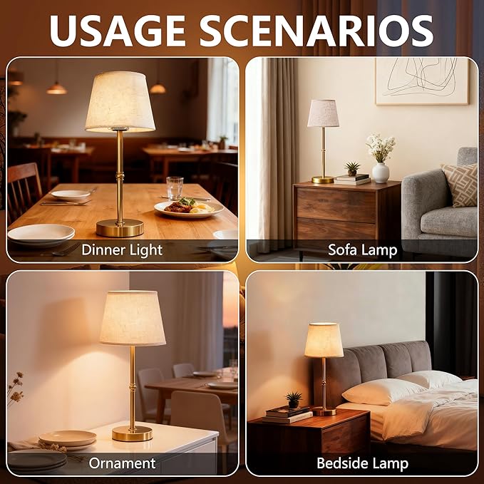 2-Pack Cordless LED Table Lamp, 6000mAh Rechargeable Battery Operated Desk Lamp, 3-Level Dimming Metal Portable Nightlight for Restaurant, Bedroom, Bar, Patio, Gold