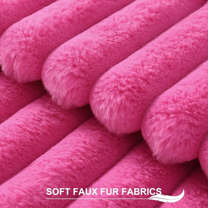 Pallene Faux Fur Plush Lumbar Throw Pillow Covers 12x20 Set of 2, Luxury Soft Fluffy Striped Decorative Pillow Covers for Sofa, Couch, Living Room, Hot Pink
