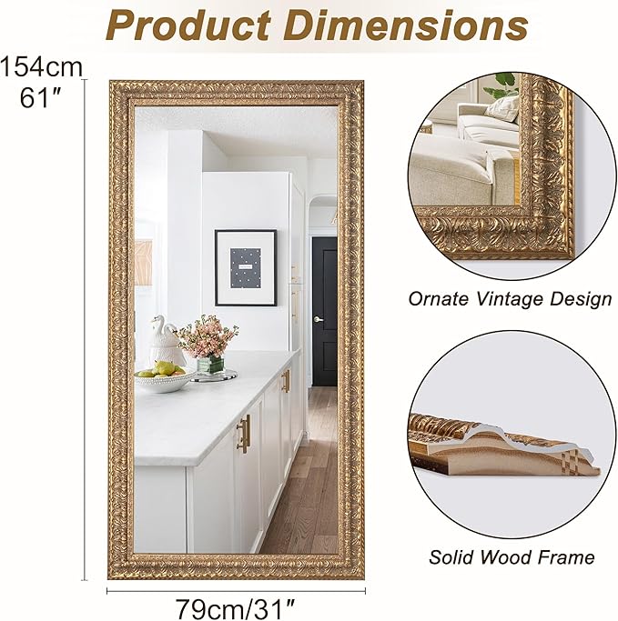 Chende 61"x31" Large Living Room Mirror for Decor, Gold Wall Mirror with Carved Wood Leaf Frame, Horizontal/Vertical Hanging, Unique Design, Bathroom, Bedroom, Dining Room, Entrance
