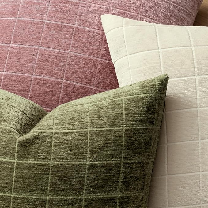MIULEE Decorative Chenille Check Throw Pillow Covers Vintage Plaid Couch Pillows 20x20 Inch Set of 2 Neutral Boho Farmhouse Cushion Covers Modern Home Decor for Sofa Bed Living Room Olive Green