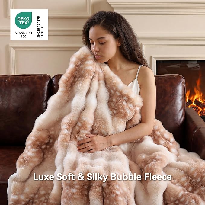 Smoofy Faux Fur Throw Blanket for Couch – Deer Brown Fluffy Cozy Rabbit Fleece, Fawn Print Plush Soft Bubble Blanket for Sofa & Bed, Gifts for Mom, Warm Fuzzy Home Room Decor Throw 50" x 60"