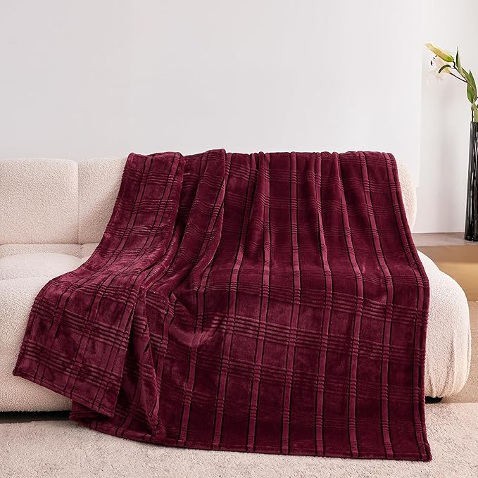 Super Soft Flannel Twin Blanket 60x80 Inches, Premium Checkered Jacquaed Silky Fleece Lightweight Bed Blanket All Season Use, Burgundy Strip, 60"x80"