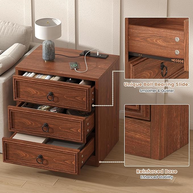Farmhouse Nightstand with Charging Station, 21.7" Wide End Table with 3 Drawers, Cherry Wood Side Table, Bedside Table for Bedroom, Living Room, Sofa