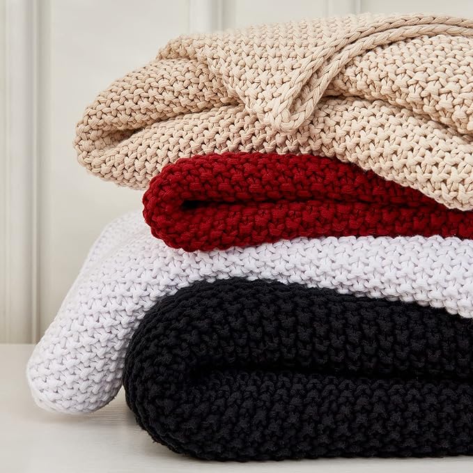 Chunky Cable Knit Throw Blanket Lightweight Black 100% Organic Cotton Blanket for Sofa Couch Bed Baby Nursery, Rustic Shabby Chic Modern Farmhouse, 60” x 80” Give Laundering Bag
