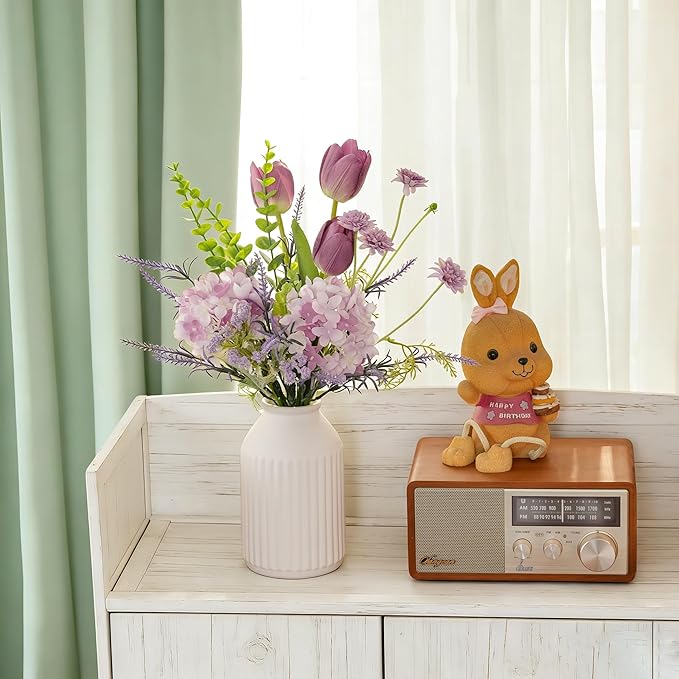 LUEUR Artificial Flowers with White Ceramic Vase – Spring Floral Centerpiece Table Decorations, Faux Tulip, Hydrangea & Lavender Flower Arrangement for Coffee Table, Dining Room, Spring Decor