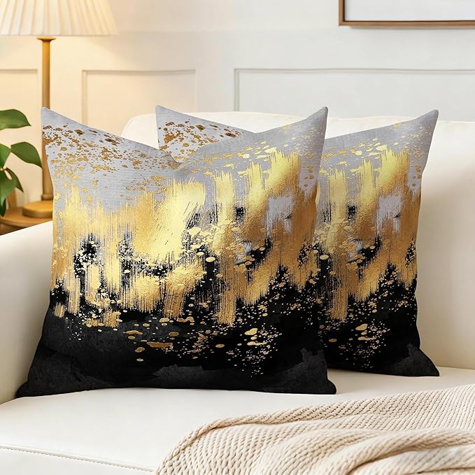 Black and Gold Abstract Throw Pillow Covers 18x18 Set of 2, Modern Luxury Gradient Art Decorative Gold Pillow Cases, Boho Cushion Covers for Sofa Living Room Couch Bedroom, Spring Easter Home Decor