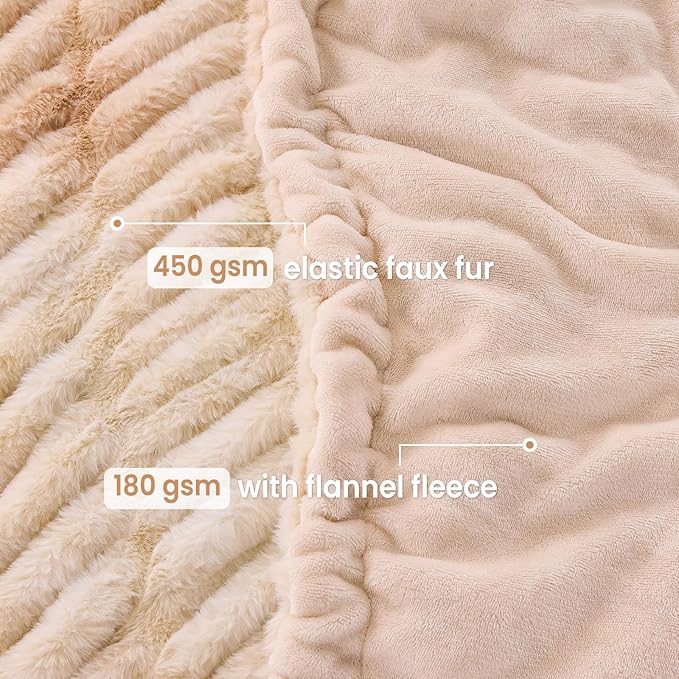 Softan Extra Soft Faux Fur Blanket, Warm Striped Faux Fur Throw Blanket with Flannel Fleece Reverse for Couch Sofa Bed Living Room, Beige- 60"x 80"