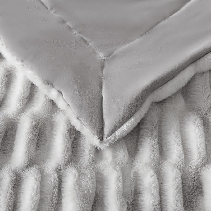 WDCOZY Ruched Faux Fur Throw Blanket Soft Cozy Fluffy Luxurious Blankets Couch Bed Sofa Chair Home Decor Warm Furry Fall Winter Plush Rabbit Fur Bubble Blanket 60" x 80", Grey
