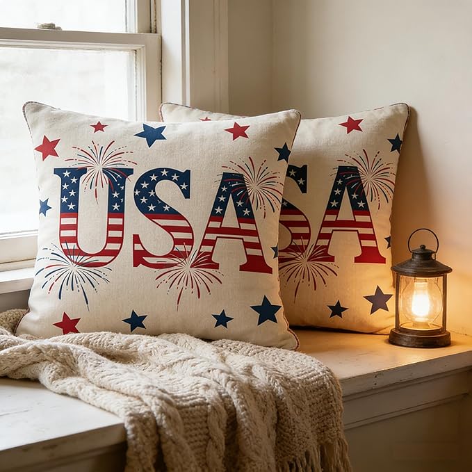 4th of July Throw Pillow Covers, USA Patriotic Design, Linen, 18x18 Inch, Set of 2, Machine Washable, Farmhouse Style