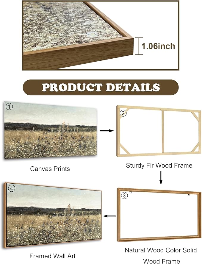 DJSYLIFE Framed Wall Art Decoration, Vintage Wildflower Field Canvas Wall Art, Classical Flowers Landscape Painting Prints, Farmhouse Cottagecore Living Room Decor, Modern Home Bedroom Decor 20"x40"