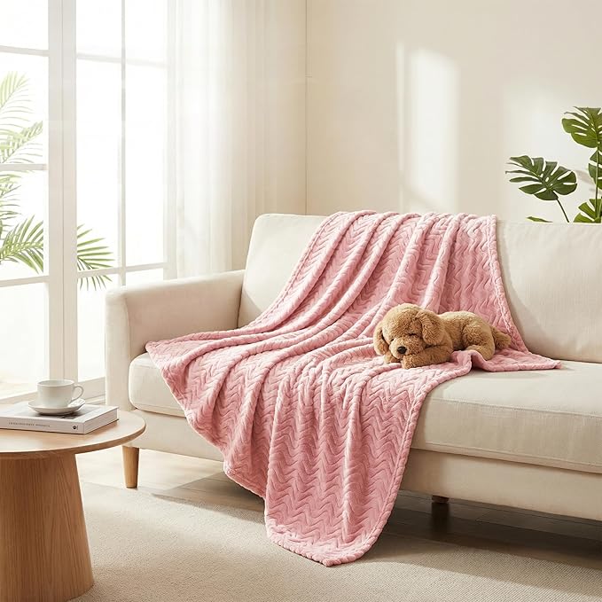 Exclusivo Mezcla King Blanket for Bed, Cozy Lightweight Fleece Blankets for All Season, Decorative Giftable Fuzzy Plush Wave Textured Suitable for Women, Men, Pink, 90x104 Inches