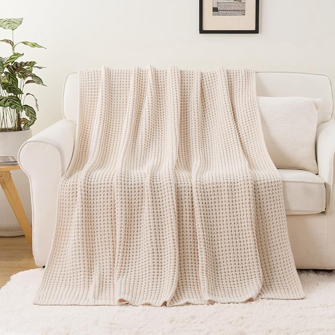 Bunnikins & Clover Cream White Throw Blanket for Couch, Waffle Ivory Throw Blanket for Bed, Warm Decorative White Blanket Throw for Home Decor, 60"x80"