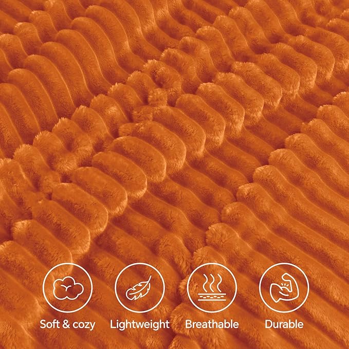 INFIIXSO Sherpa Fleece Queen Size Blanket - Super Soft & Warm Striped Fleece, Cozy Plush Fluffy Large Bed Blanket All Season Use (Burnt Orange, 90x90 Inches)