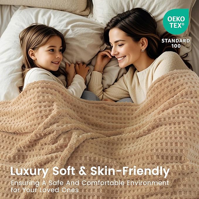 David's Home Ultra Soft Fleece Blanket Queen Size for Bed, Plush Shaggy Fluffy 3D Jacquard Waffle Throw for Couch, Warm Lightweight for Fall Winter,Fuzzy Aesthetic Room Decor,90x90 inches,Latte
