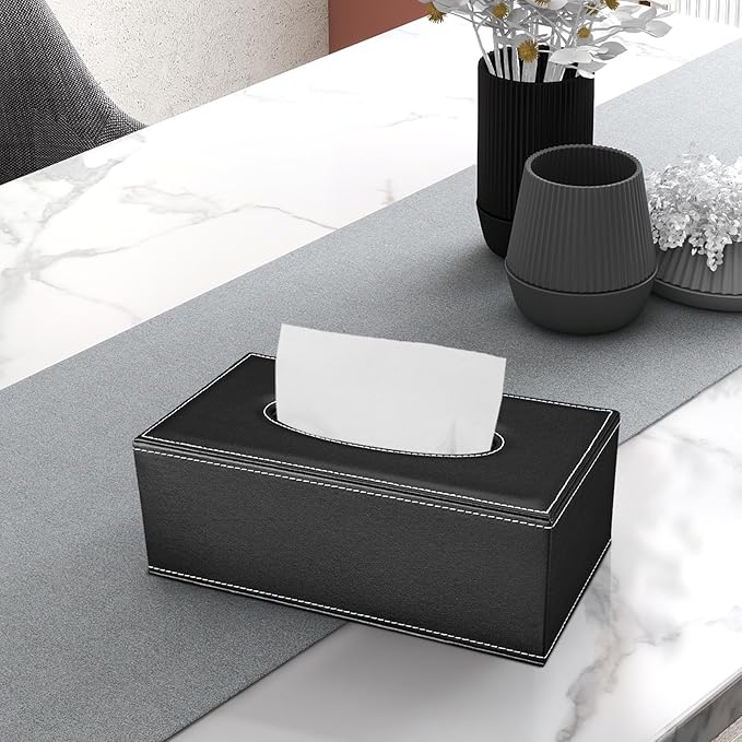 KINGFOM PU Leather Desk Organizer Pen Pencil Holder with Wireless Charger Stand for iPhone, Rectangular tissue box cover, Pocket Business Cards Holder Black-5PCS/SET