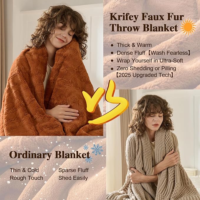 Krifey Burnt Orange Faux Fur Blanket for King Size Bed, 3D Marble Texture Soft Cozy Fuzzy Plush Thick Fall Blanket, Birthday for Women Mom Girlfriend, Camel, 108x90in