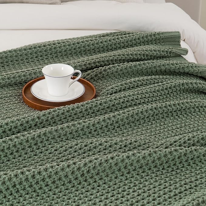 Bunnikins & Clover Knitted Waffle Throw Blanket 50x60 Inches, Sage Green Throw Blanket for Couch, Soft Cozy Chenille Knit Blanket Warm Decorative Throw for Sofa
