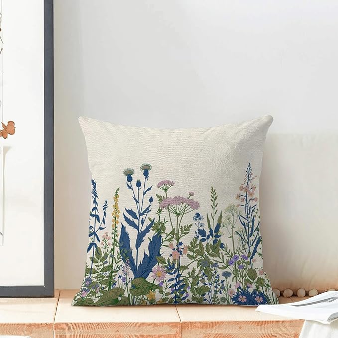 AEIOAE Navy Blue Teal Pillow Covers 18x18 Inch Set of 2, Spring Wildflower Plant Throw Pillows Case,Seasonal Floral Outdoor Decorative Flowers Farmhouse Decor Cushion Covers for Home Sofa Bed Couch