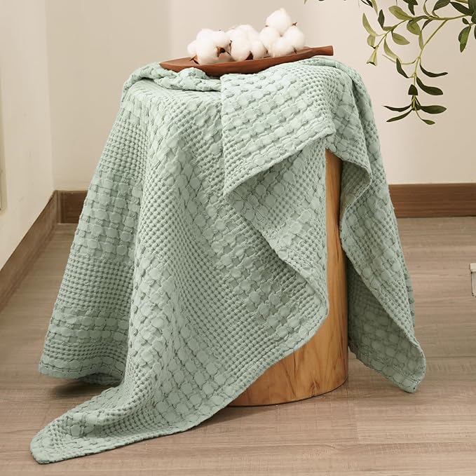PHF 100% Cotton Waffle Weave Throw Blanket, Soft Lightweight Breathable Cozy Throws for Couch Bed Sofa, Luxury Aesthetic Blanket Gift for Home Decor & Office, 50"x60", Mint Green