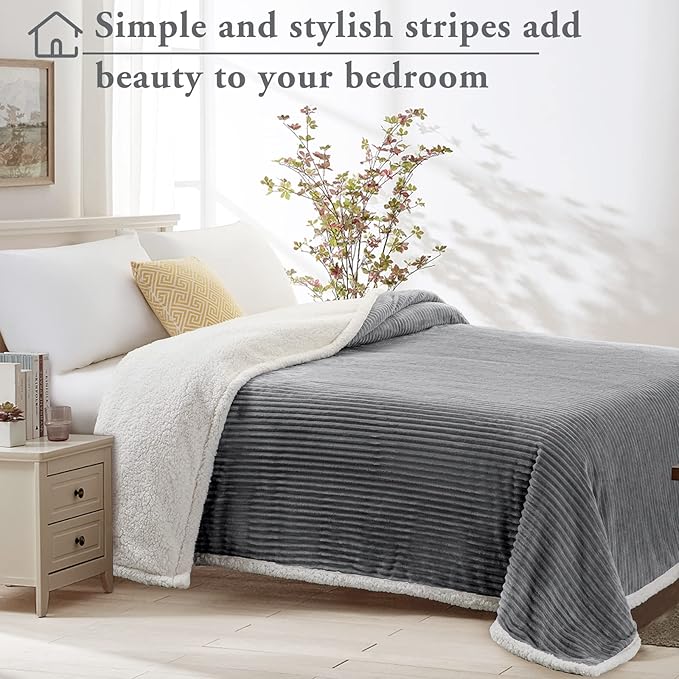 LBRO2M Striped Sherpa Fleece Bed Blanket King Size, Super Soft Fuzzy Plush Warm Cozy Fluffy Microfiber Couch Throw Velvet Double Reversible Luxurious Blankets (90x104),Grey